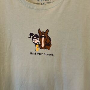 Life is Good Hold Your Horses XXL ice blue Tee t shirt cotton made in Peru EUC